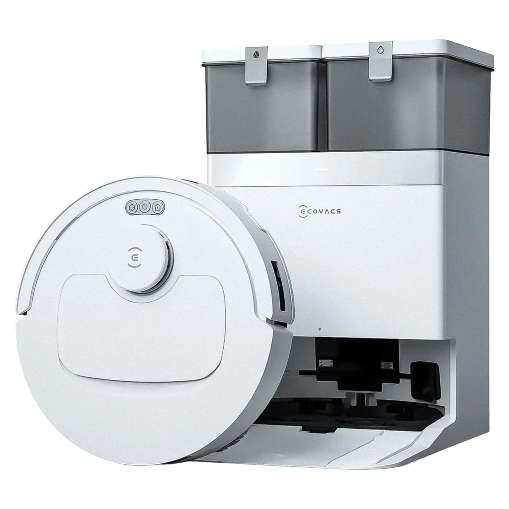 Ecovacs DeeBot T30C branco - robo com base dock perspectiva lateral