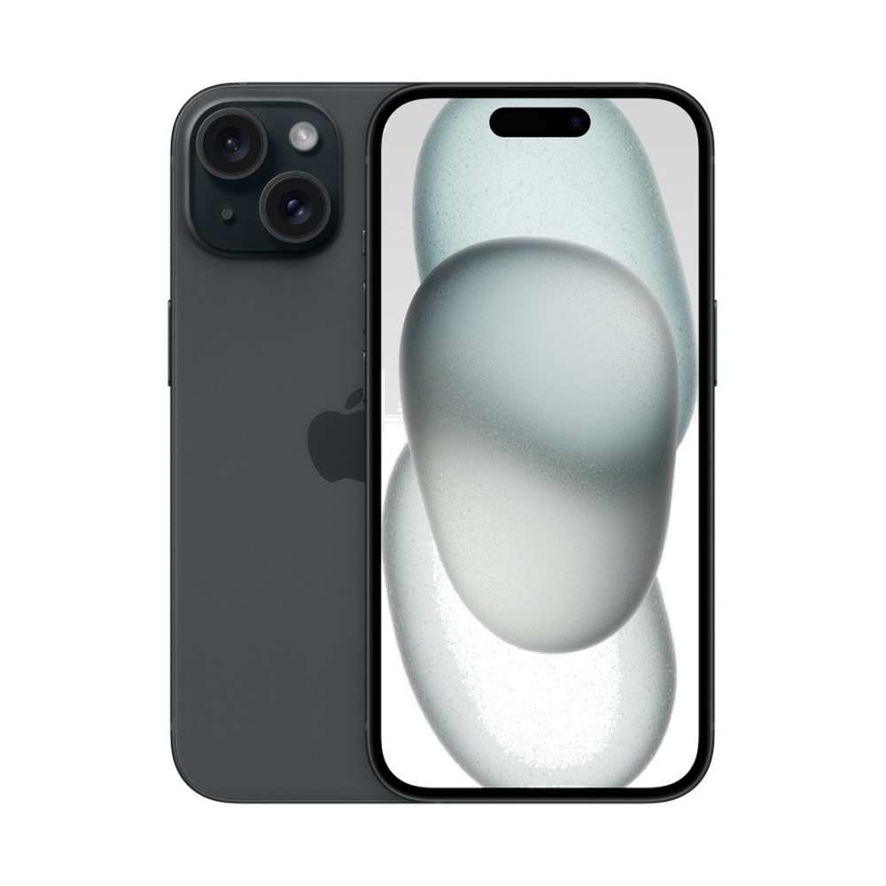 Celular Apple iPhone 15 128GB Preto - Vista Frontal Dynamic Island 1:1 Fundo Branco